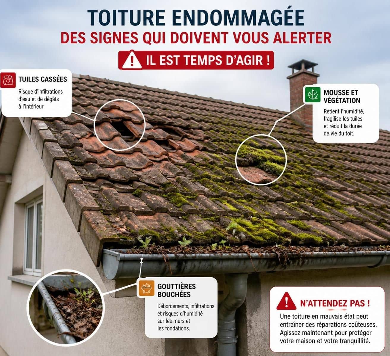 d&eacute;couvrez les signes essentiels indiquant qu'il est temps d'intervenir sur votre toiture pour &eacute;viter des d&eacute;g&acirc;ts majeurs. guide pratique pour entretenir et s&eacute;curiser votre toit.